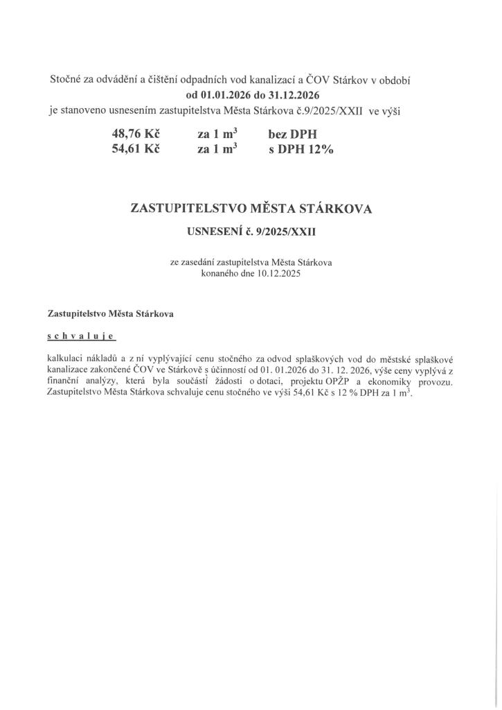 Stanovení ceny vodného na rok 2026